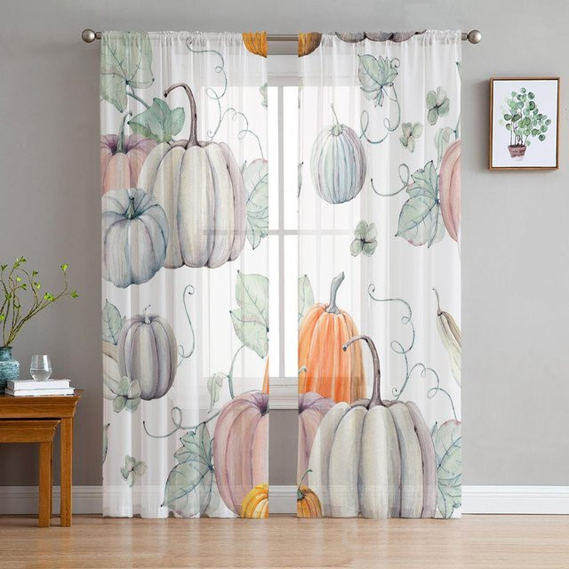 Yiran Furniture Transparente Tüll-Vorhänge mit Kürbis- und Blättermuster in Weiß, Breite: 135 cm, Höhe: 115 cm - Bild 1