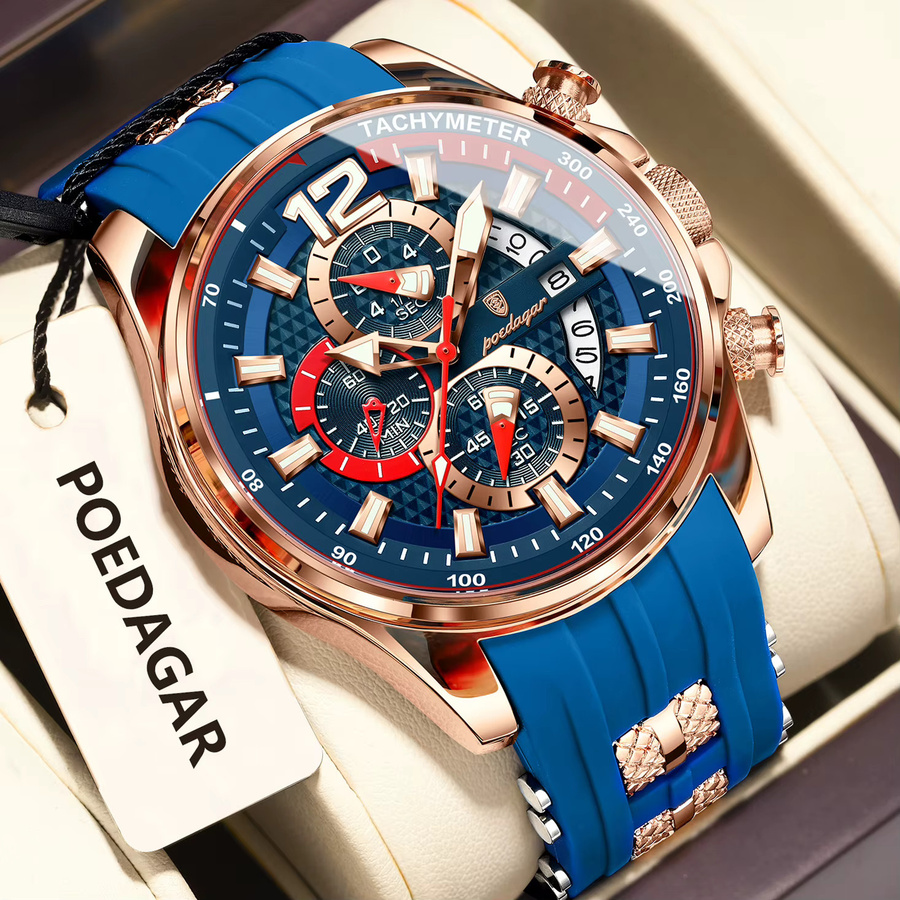 POEDAGAR Chronograph Armbanduhr, Quarz, Silikon, Schwarz, Herren - Bild 2