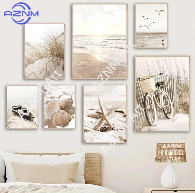AZNM Leinwandkunst Meereslandschaft Poster in Beige mit Strand, Muscheln und Seesternen im nordischen Stil - Bild 1