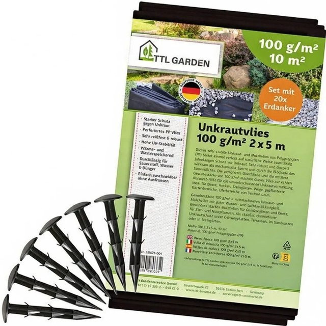 TTL GARDEN Unkrautvlies Schwarz 10m² (2x5m), 100g/m², inklusive 20 Erdanker 12cm, UV-stabil und wasserdurchlässig - Bild 1