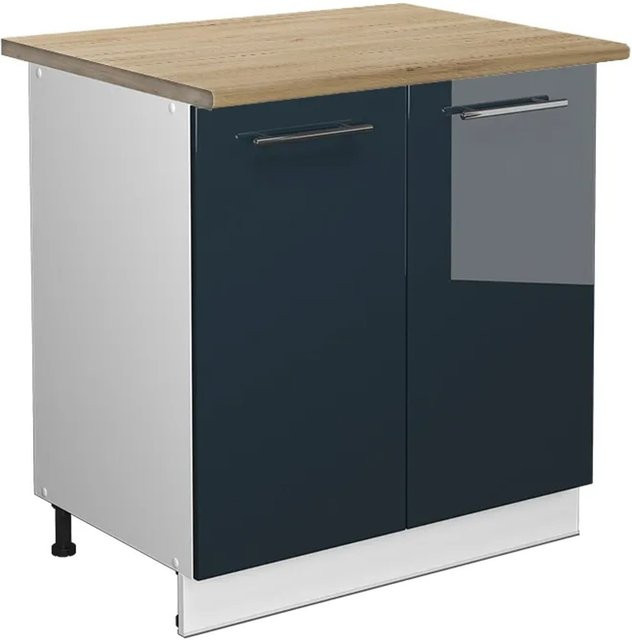 Vicco Spülenunterschrank Fame-Line Dunkelblau Hochglanz und Weiß mit Arbeitsplatte Eiche Breite: 80 cm - Bild 1