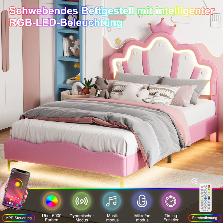 Rosahqnda Kinderbett mit kronenförmigem Kopfteil und Lattenrost, gepolstertes Doppelbett aus PU-Leder, Rosa/Weiß, B/T/H: 140 x 200 cm - Bild 2