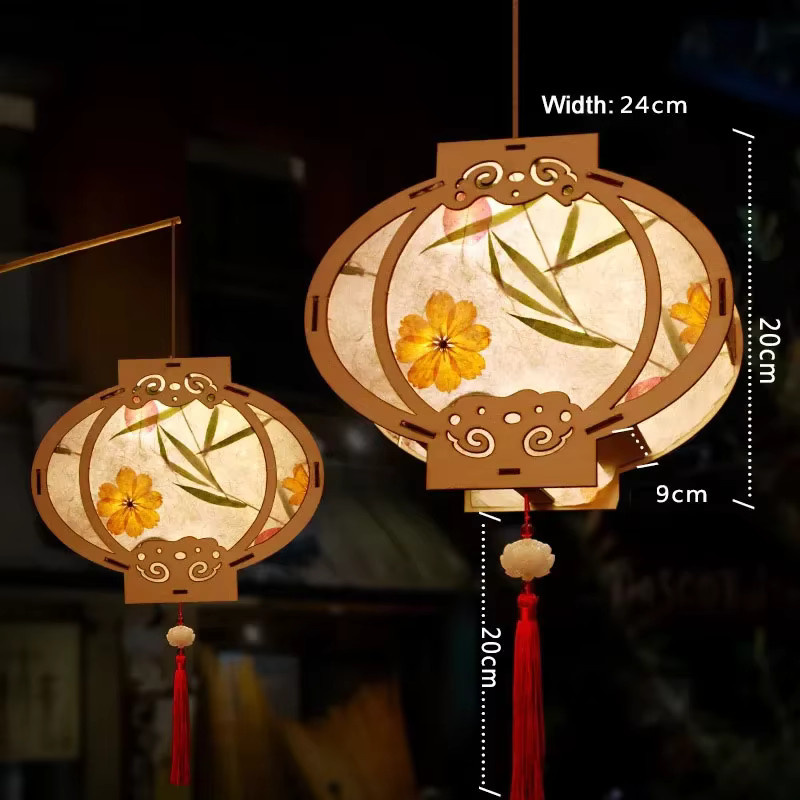 Chinesische DIY-Palastlaterne im Retro-Stil aus Papier und Holz, tragbare Blüten-Lichtlampe in Braun und Multicolour mit warmweißem Licht - Bild 2