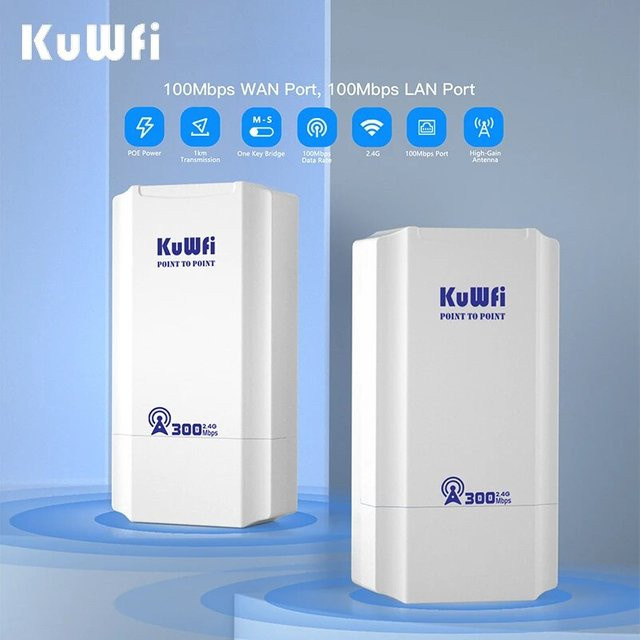 KuWFi Outdoor Wireless Bridge 300Mbps WLAN-Kit in Weiß für IP-Kamera-CCTV-Überwachung mit 1 km Reichweite - Bild 1