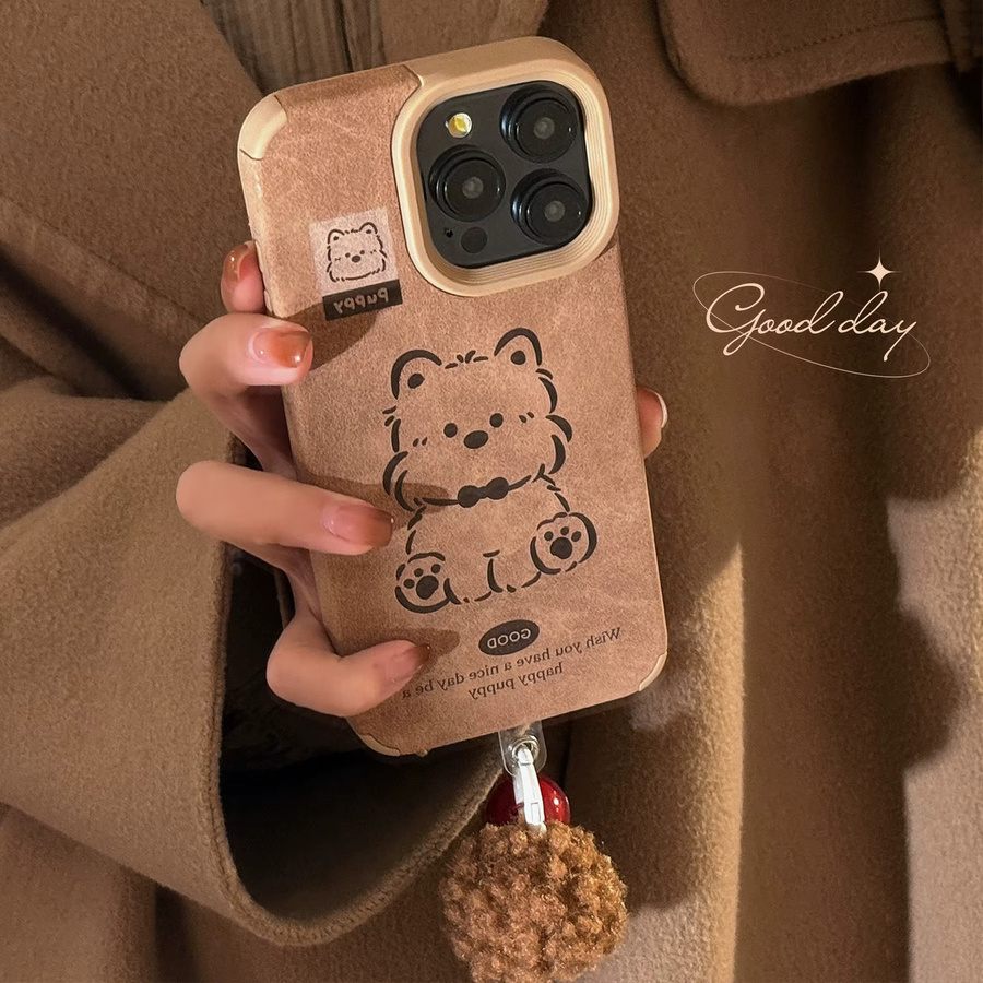 Potdemiel Handyhülle aus Wildleder mit Cartoon-Welpen-Design und Haarball-Anhänger für iPhone 11 bis 16 Pro Max, Farbe: Braun - Bild 3