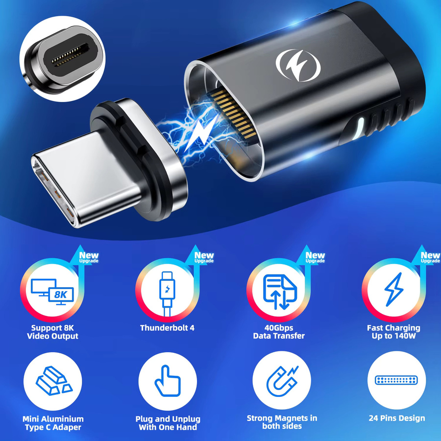 FONKEN Magnetischer USB-C-Adapter für MacBook Pro und Air, USB 4.0 Typ-C Konverter mit 140W PD Schnellladung, 40Gbps Datenübertragung und 8K@60Hz Unterstützung - Bild 2