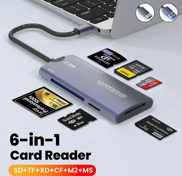 Multifunktionaler 6-in-1 USB-C Speicherkartenleser von elough für SD, TF, MS und XD sowie CF Karten für PC und Laptop - Bild 1