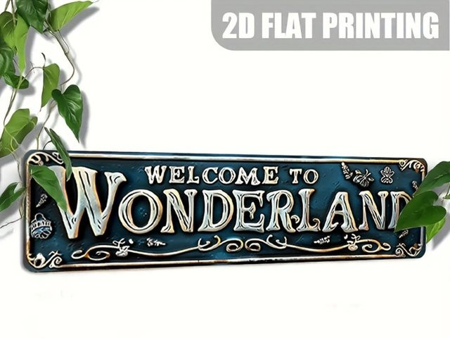 Retro Aluminiumschild Welcome to Wonderland von Hello Young mit blaugrünem und goldenem Blumenrand, B/H: 40,0 x 10,0 cm - Bild 1