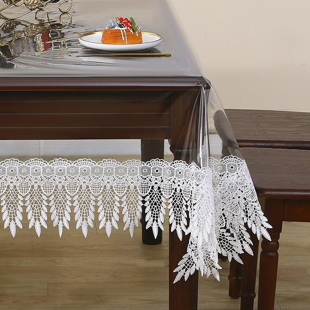 Transparente PVC Tischdecke von JINGYUE Pet mit floralem Spitzenrand, wasserdichte und staubdichte Tischabdeckung, Rechteckig, B/T: 90 x 90 cm - Bild 1