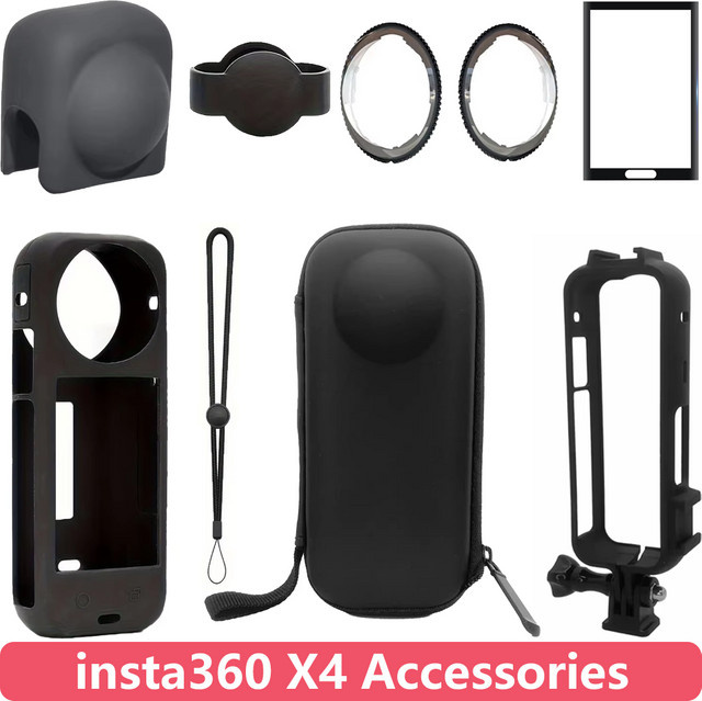 Insta360 X4 Zubehör Set in Schwarz mit Schutzrahmen Silikonhülle Objektivdeckel Objektivschutz Aufbewahrungstasche und Displayschutzfolie - Bild 1