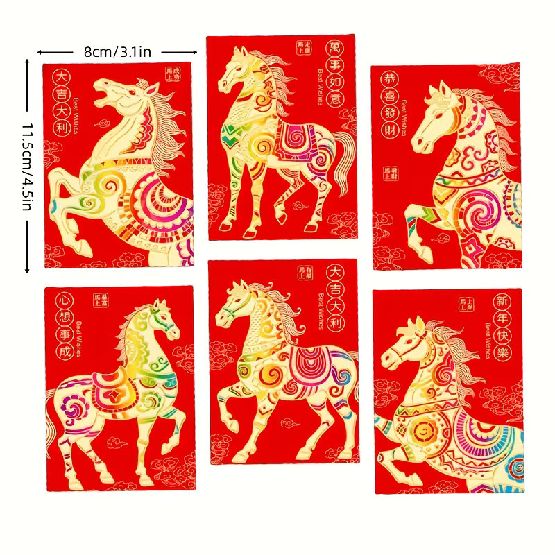 30 Stück Rote Glücksumschläge für das Chinesische Neujahr 2026 mit Pferdemotiv in Rot und Gold - Bild 2