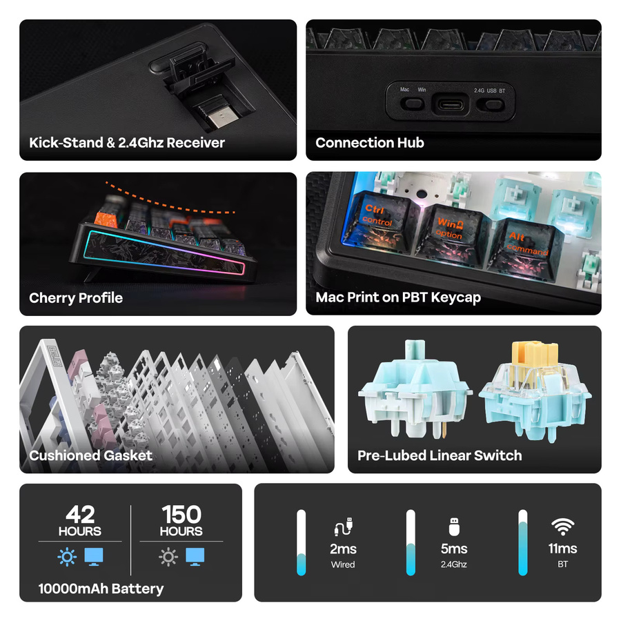 EPOMAKER TH108 V2 PRO Mechanische Tastatur mit Bildschirm und Drehregler, 100% ANSI US-Layout, Kabellos via Bluetooth oder 2,4GHz sowie Kabelgebunden, kompatibel mit Mac - Bild 4