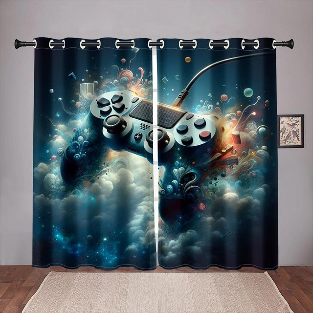 Yiran Furniture Gamepad Fenster Vorhang Set mit Grafikprint, 2er Pack, halbtransparent, Mehrfarbig, B: 100 cm, H: 130 cm - Bild 1