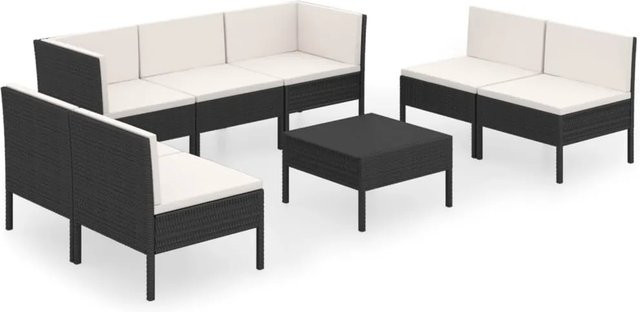 vidaXL 8-tlg Garten-Lounge-Set aus Poly Rattan in Schwarz mit Auflagen und Couchtisch im L-Shape Design - Bild 1