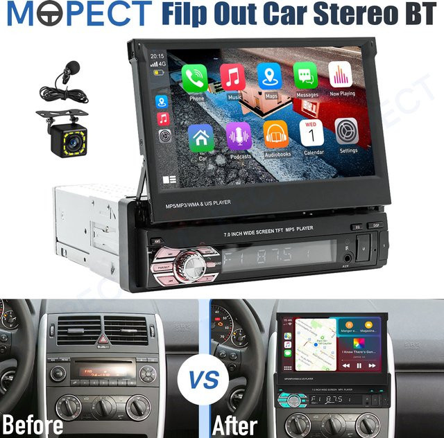 MOPECT 7-Zoll 1-DIN Autoradio MP5-Player mit kabellosem CarPlay, Bluetooth, Touchscreen, USB, AUX, TF und Kamera in Schwarz - Bild 1