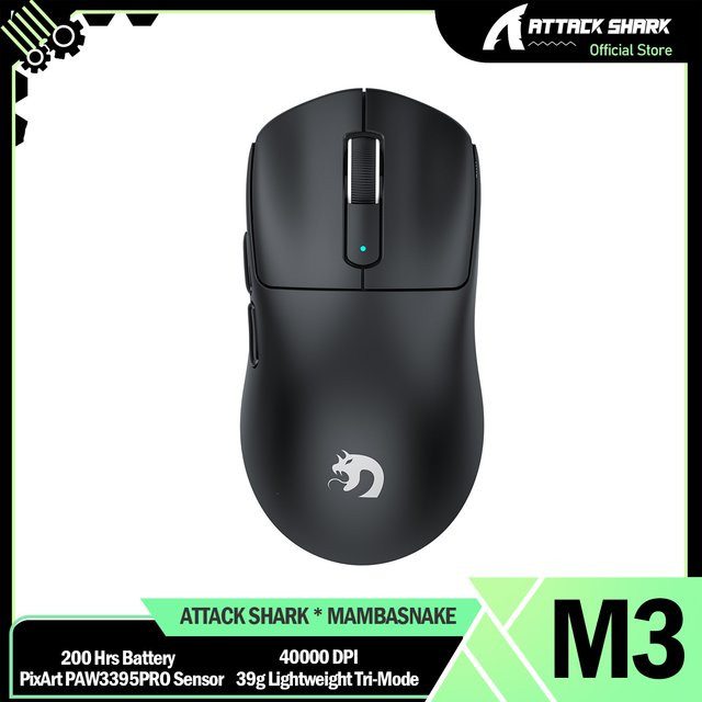 ATTACK SHARK MAMBASNAKE M3 Superlight Gaming-Maus in Schwarz mit PixArt PAW3395PRO Sensor und bis zu 40000 DPI - Bild 1