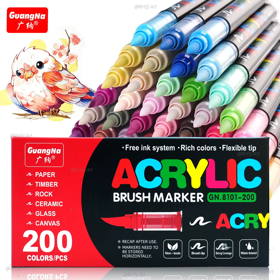 Professionelles Acryl-Markierstift-Set mit 200 Farben und weicher Pinselspitze, schnell trocknende wasserbasierte Tinte für Stein, Kunststoff, Holz, Leinwand und Glas, Mehrfarbig - Bild 3