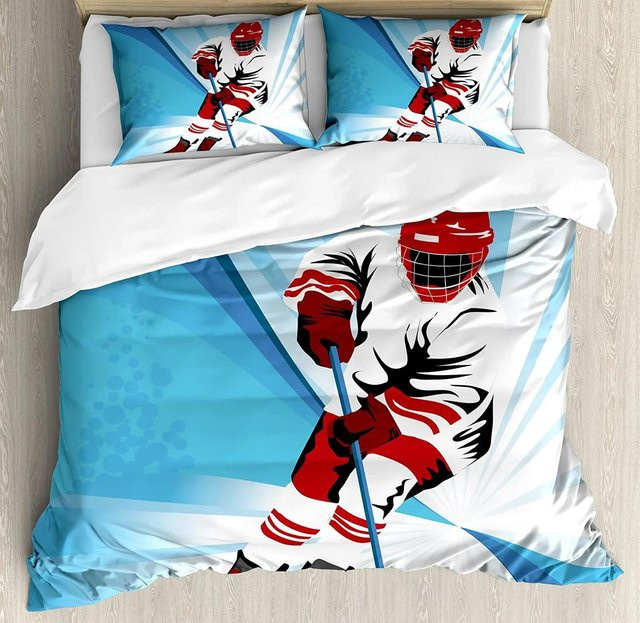 Eishockey Bettwäsche Set mit handgezeichnetem Torwart-Motiv in Blau, bestehend aus Bettbezug und Kissenbezügen, B/H: 155 x 215 cm - Bild 1