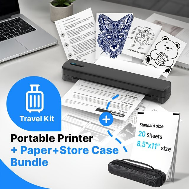 POLONO D810B Tragbarer kabelloser Thermodrucker in Schwarz mit Reiseetui und 20 Blatt Thermopapier, Tintenloser mobiler Drucker für A4 und US-Letter mit Akku - Bild 1