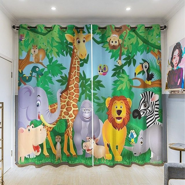 Kinderzimmer Vorhangset mit animierten Tieren Elefant Giraffe Löwe, 2er-Set halbtransparent aus Polyester, B: 60 cm x H: 60 cm pro Stück, inklusive Haken - Bild 1
