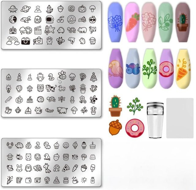 Nagelstempelplatten-Set mit Siegelstempel und Schaber in Multicolor aus Metall mit Cartoon-Motiven wie Garten, Blumen und Hunden - Bild 1