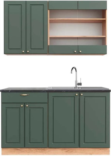 Vicco Fame-Line Singleküche Landhausstil in Grün-Gold und Anthrazit mit Eiche-Optik, Breite: 140 cm - Bild 1
