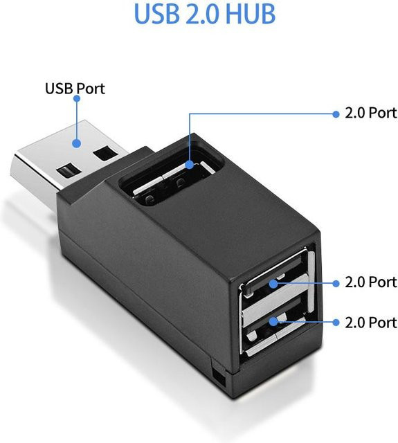 FONKEN USB 3.0 Hub Extender mit 3 Ports als USB 2.0 Splitter und OTG Adapter für PC und Laptop in Grau - Bild 1