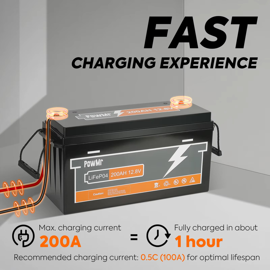 PowMr LiFePO4 Batterie 12V 200Ah 12,8V 2560Wh mit integriertem BMS und Schutzfunktionen in Schwarz - Bild 4