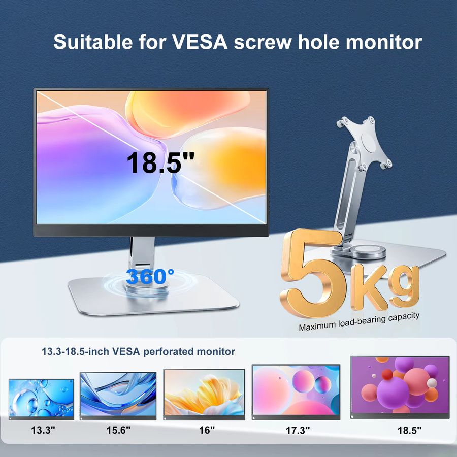 UNEW Tragbarer Monitorständer aus Aluminiumlegierung in Silber, 360 Grad drehbar, VESA 75x75 mm, Tragkraft bis 5 kg - Bild 2