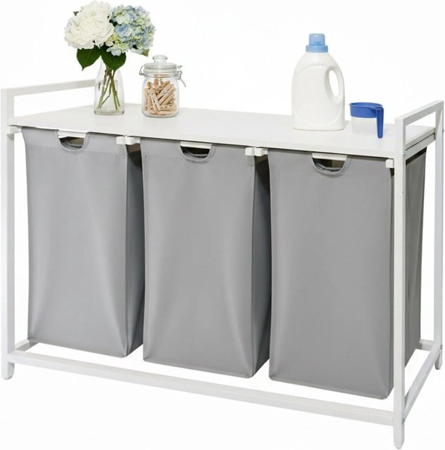 Relaxdays Wäschesammler aus Metall in Weiß mit 3 Fächern und Ablage, B/T/H: 73,5 x 33 x 109,5 cm - Bild 1