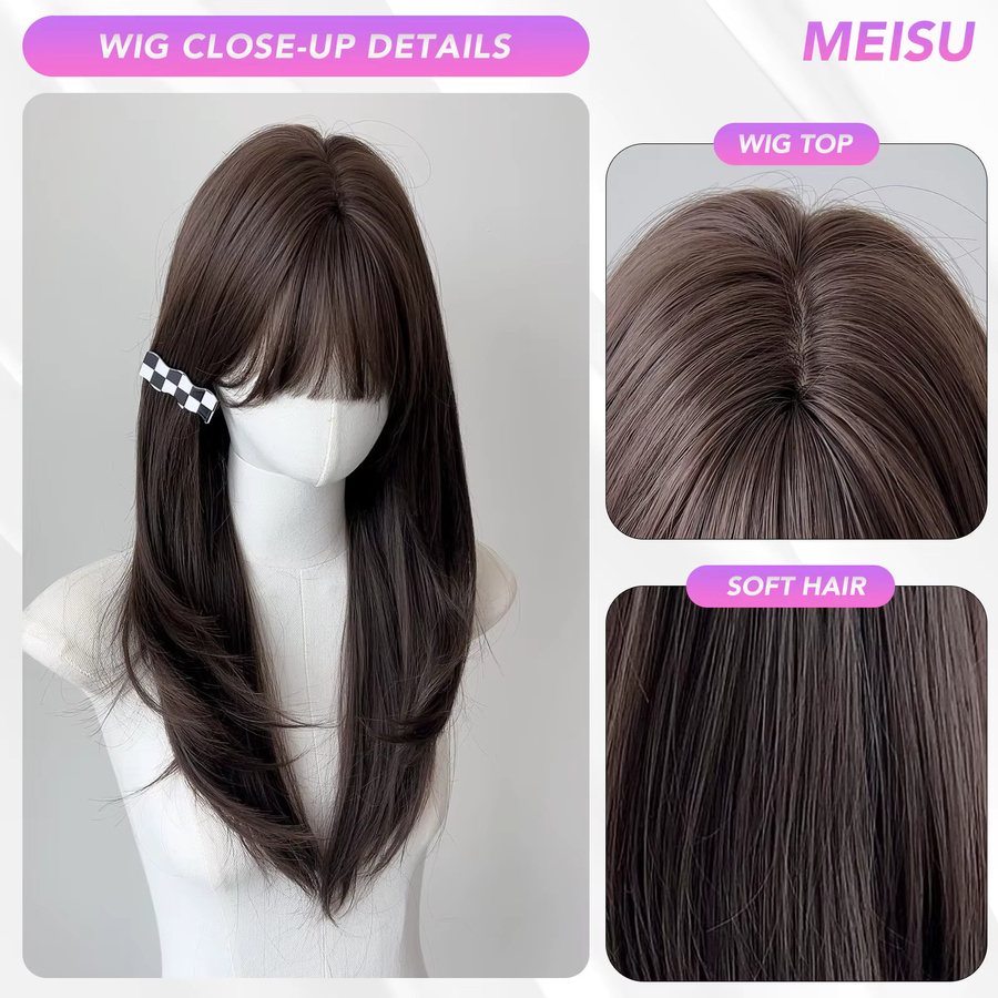 MEISU Perücke, 24 Zoll, braun, geschichtet, gerader Pony, Damen - Bild 4