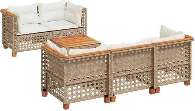 vidaXL 6-teilige Garten-Sofagarnitur aus Poly-Rattan und Akazienholz in Beige und Cremeweiß - Bild 1