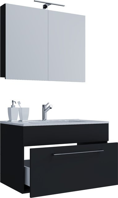 VCM Badinos 3-tlg. Badmöbel Set hängend in Schwarz mit Waschbecken, Unterschrank und Spiegelschrank, B/H/T: 60 x 50 x 46 cm - Bild 1