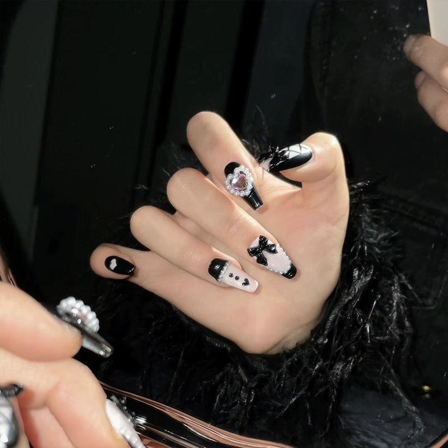 YADORNOS Press On Nails, Ballerina Sarg, rosa schwarz, glänzend - Bild 3