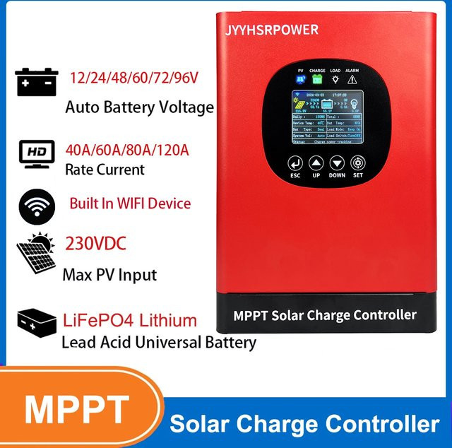 JYYHSRPOWER MPPT Solar Laderegler mit WIFI App Monitor, unterstützt 12-96V Batterien, Farbe: Rot - Bild 1