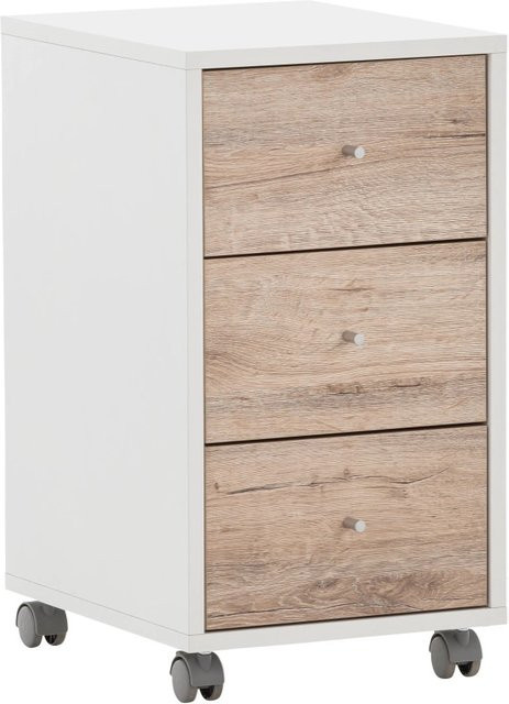 Rollcontainer PROREGAL Pigeon von Möbelpartner mit 3 Schubladen in Weiß und Eiche, H x B x T: 59,7 x 32,6 x 39 cm - Bild 1