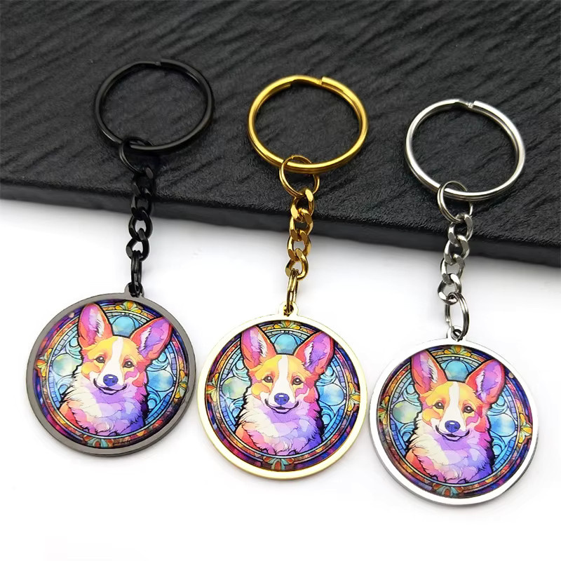 JYTF Schlüsselanhänger Corgi Hund Glas Runde Medaille, Edelstahl, Unisex - Bild 1