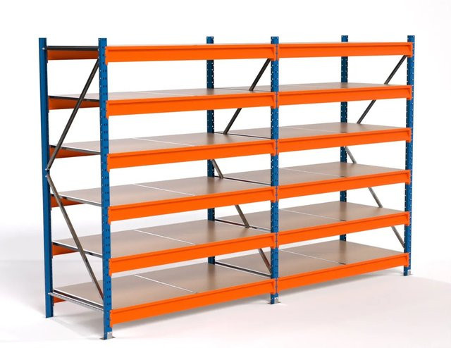 PROREGAL Industrie Weitspannregal MAXIMUS PRO Komplettregal mit 2 Feldern und 6 Spanplatten-Fachböden, Blau/Orange, H: 200 cm, B: 300 cm, T: 80 cm - Bild 1
