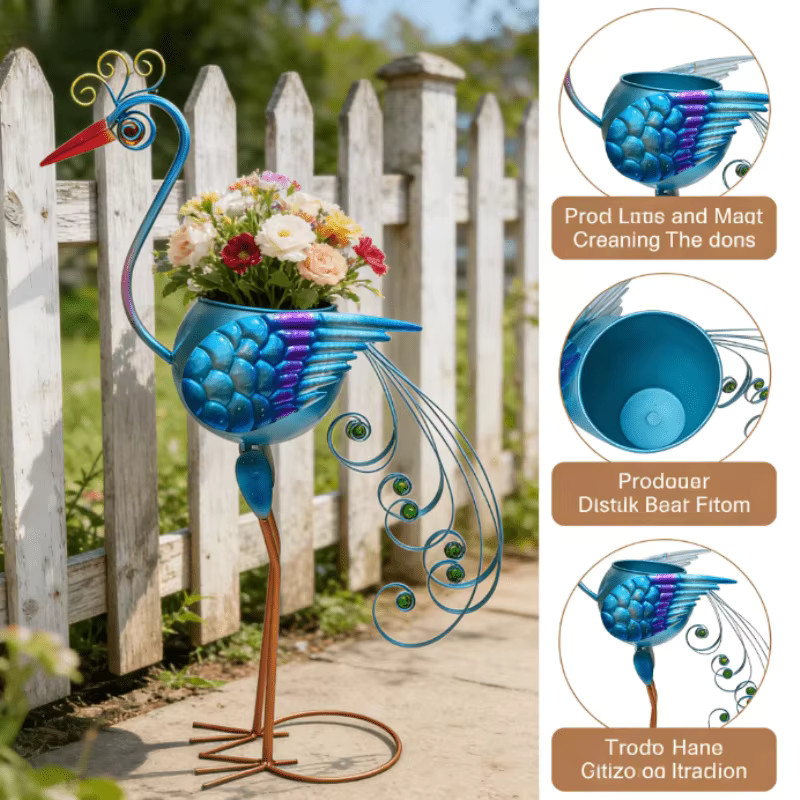 Pfauenförmiger Metall-Blumentopf für den Außenbereich als freistehende Garten-Skulptur und Dekoration - Bild 3
