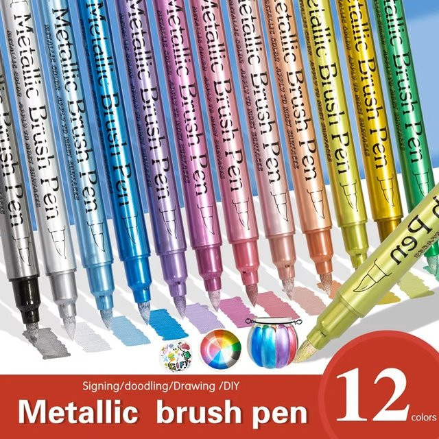 Metallic-Marker Set mit 12 Farben, permanente Brush-Stifte für schwarzes Papier, Glas und Felsmalerei, Multicolor - Bild 1