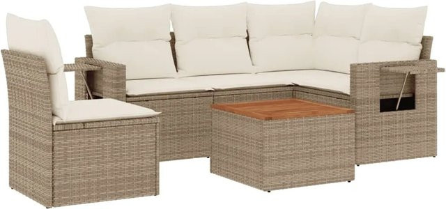 vidaXL 6-teilige Garten-Sofagarnitur aus Polyrattan in Beige mit Kissen und Couchtisch - Bild 1