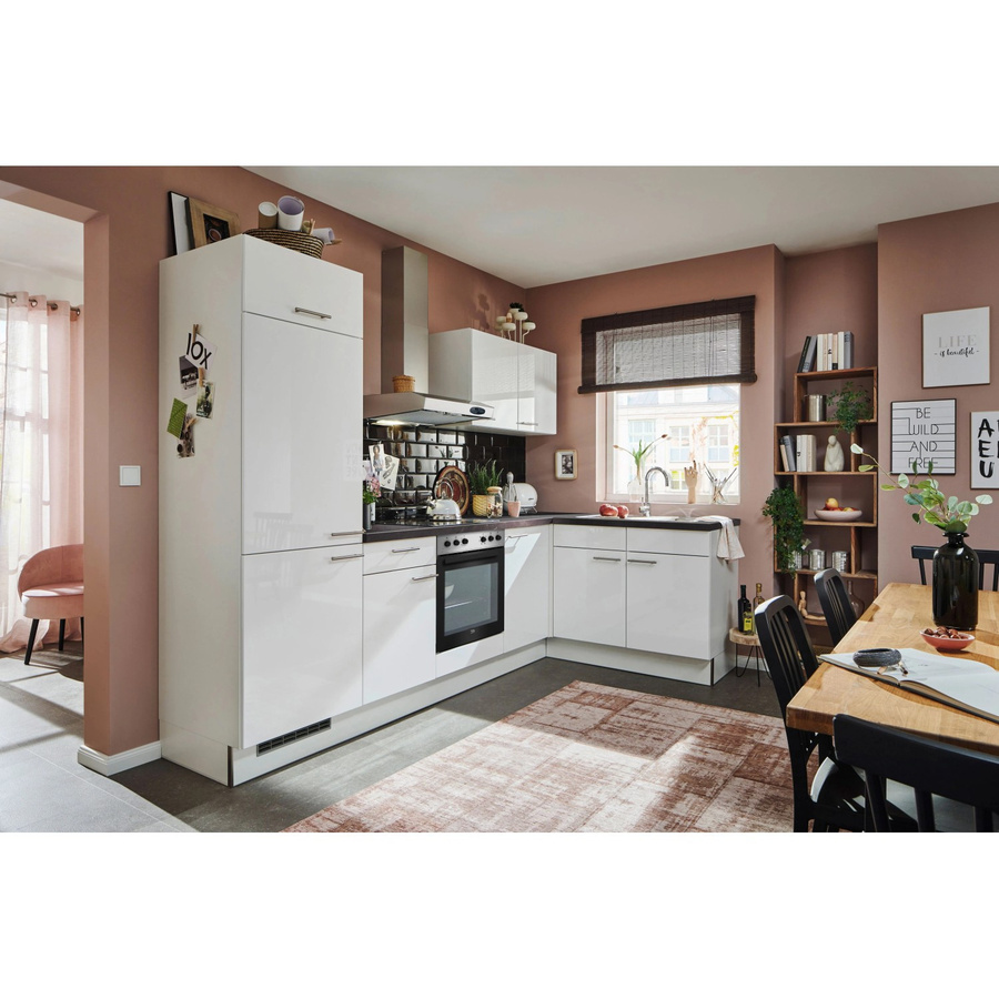 pino Eckküche Weiß Hochglanz mit Arbeitsplatte Pietra Grey, Breite: 440 cm - Bild 2