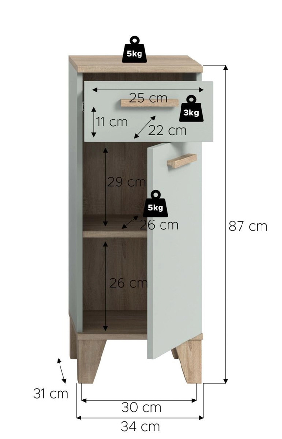 Badezimmer Kommode Luna von Inn.Furn in Grün und Eiche, B/H: 34 x 87 cm - Bild 5