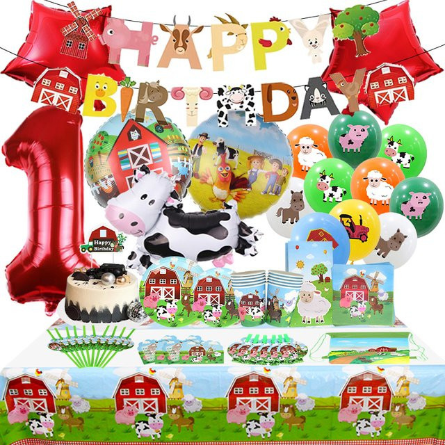 Potdemiel Farm Geburtstagsparty Dekoration Set mit Tier-Motiven, Latexballons und Banner in Mehrfarbig für Kinder - Bild 1