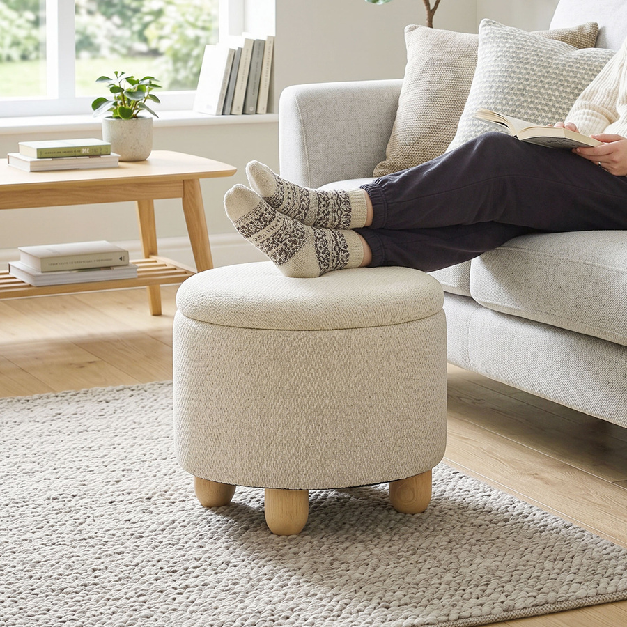 HOMCOM Hocker mit Stauraum, runder Polsterhocker mit Deckel in Leinenoptik und Holzbeinen, Beige, B/T/H: 38,5 x 38,5 x 33,5 cm - Bild 2
