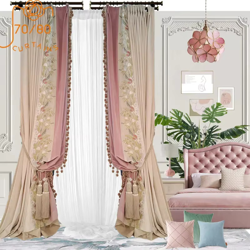 JESSANS Vorhänge im europäischen Prinzessinnen-Stil mit floraler Bestickung und Patches, Farbe: Rosa, semi-transparent, Breite: 100 cm, Höhe: 250 cm - Bild 2