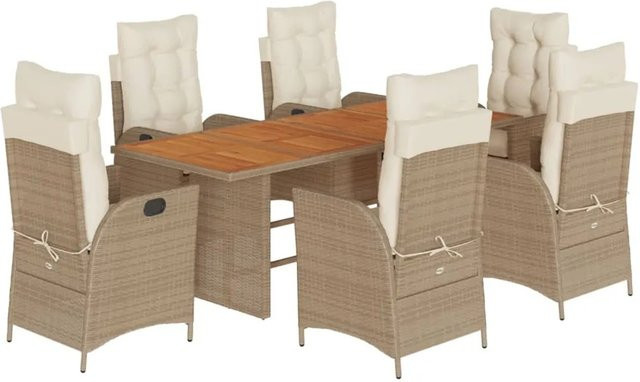 vidaXL 7-teilige Garten-Essgruppe aus Poly-Rattan und Akazienholz in Beige-Creme mit Kissen, Tisch und Stühlen für Garten, Hinterhof oder Terrasse - Bild 1