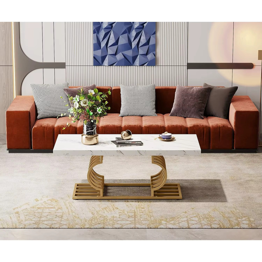 LITTLE TREE Couchtisch aus weißem Kunstmarmor mit geometrischem Rahmen, rechteckiger Mitteltisch in Glamour-Optik - Bild 4
