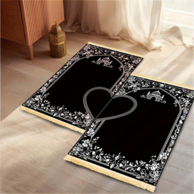 VIKAMA 2-teiliges Set Islamische Gebetsmatten mit Blumen-Motiv in Schwarz-Gold - Bild 1