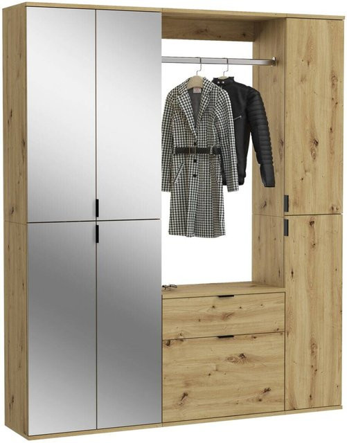 Garderobe xonox.home PROJEKT Eiche Artisan Nachbildung mit Spiegel und Glastüren, Braun, B/H/T: 152 x 193 x 34 cm - Bild 1
